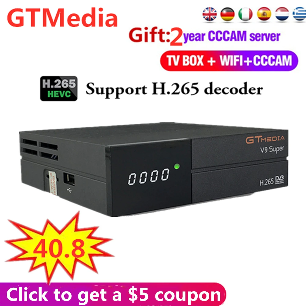 Европейский 2 года Cccam FREESAT спутниковый ресивер H.265/Havc tv box GTMEDIA DVB S2 V9 супер Поддержка Dolby, CCCAM, YOUTUBE, IP tv, PVR