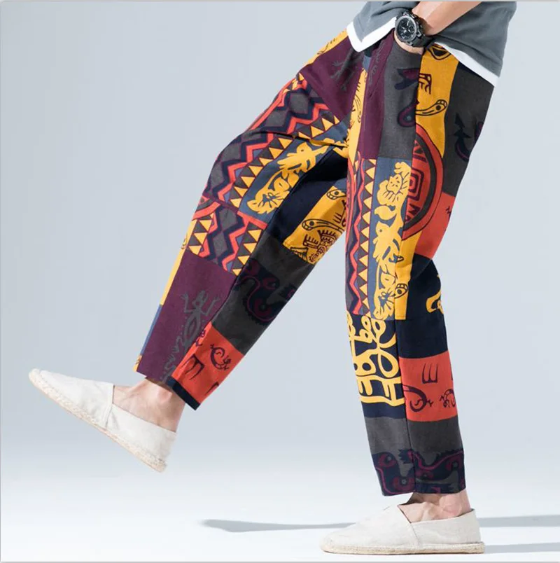 

Spring European American Personality Cotton and Linen Loose Large Size Wide Leg Pants Retro Chinese Style Printed Casual Pants