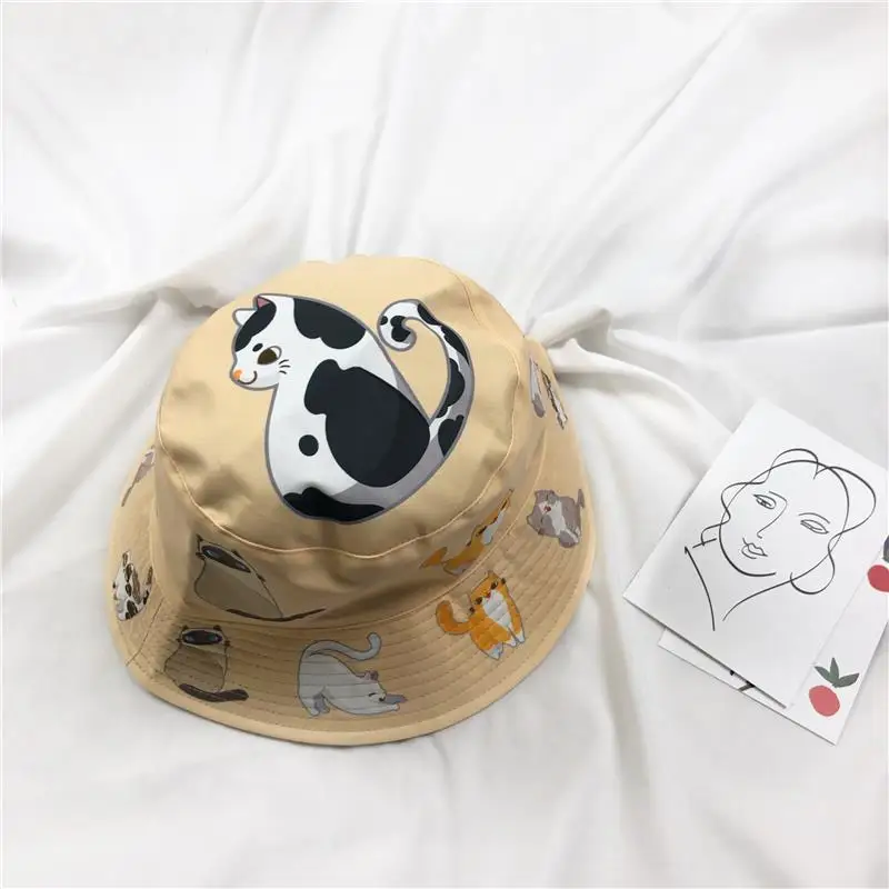 2021 New Cute Double-side Animal Print Fisherman Panama Caps Sun Bob Chapeau Cat Bucket Hats For Women Ladies Mother Gifts Cat