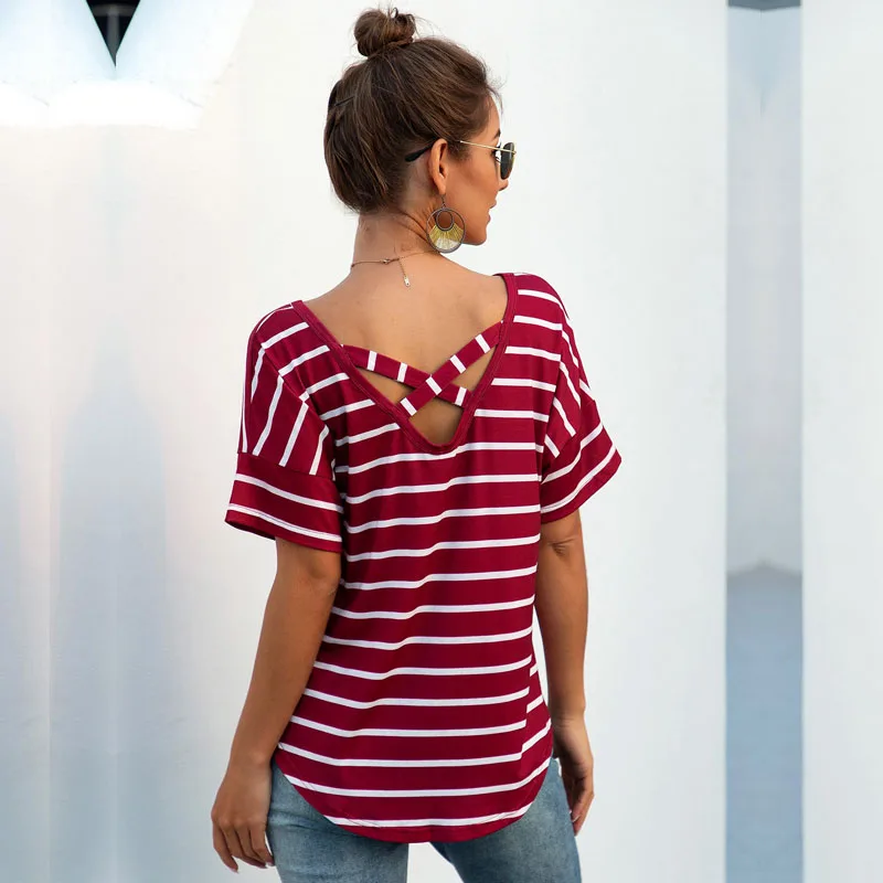 

Spring Summer Striped Regular Broadcloth Cotton Sashes 2021 New O-neck Short Streetwear Shirts for Women