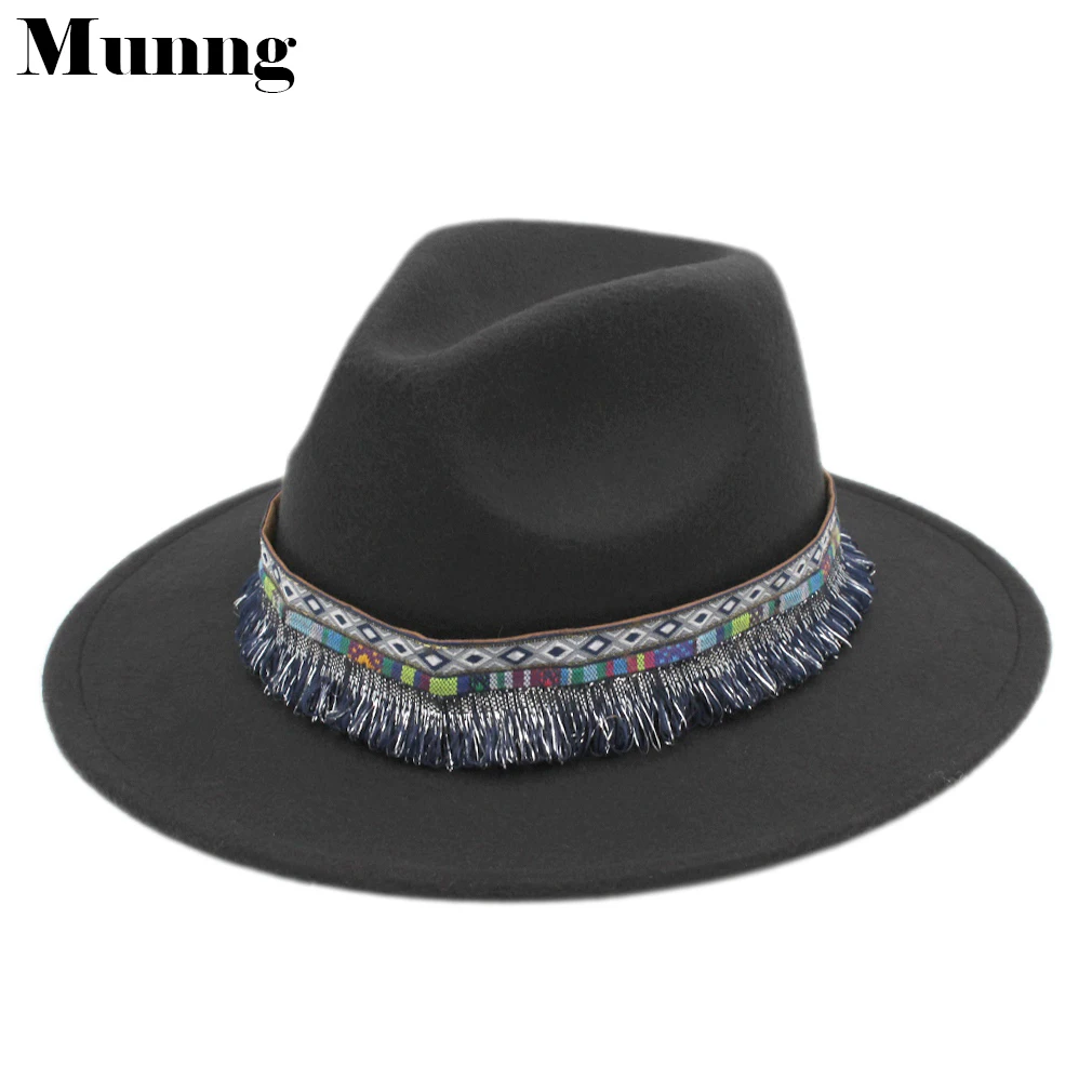 

Munng Women Men Wool Vintage Wide Brim Panama Fedora Hat Church Jazz Trilby Cap w/ Tassel Hatband Size L