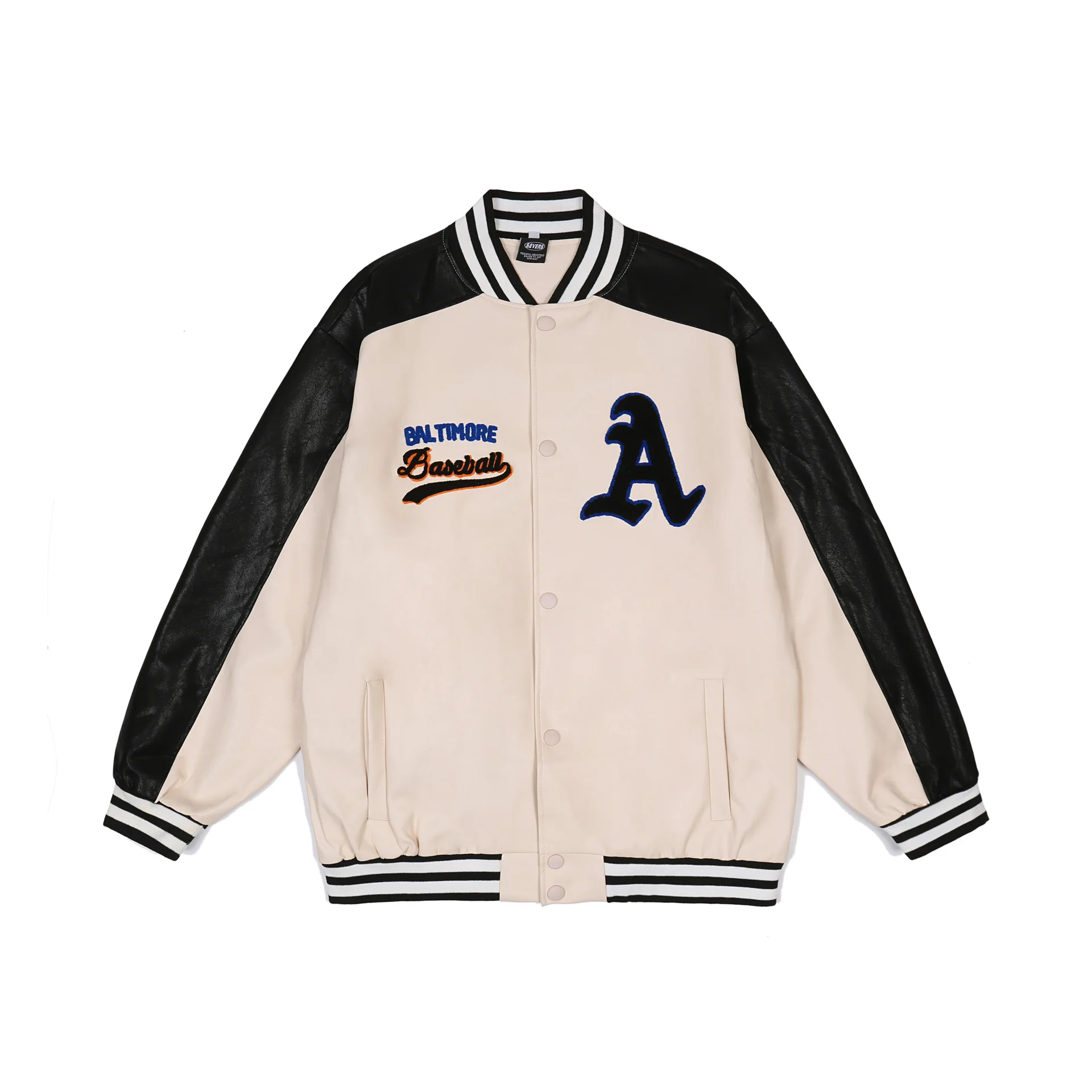 

SEVEYFAN Men's Fashion Color Contrast PU Leather Patchwork Jackets Towel Embroidery Baseball Coat Hip Hop Coat for Male