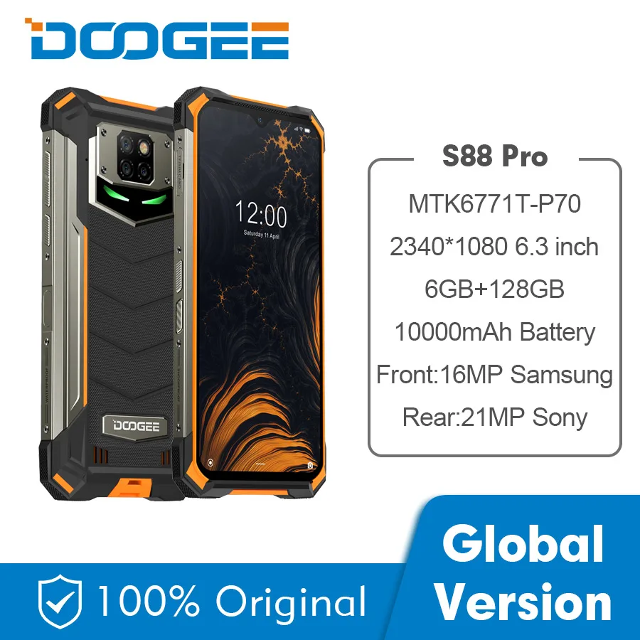 

DOOGEE S88 Pro 6GB RAM 128GB ROM Rugged Mobile Phone 10000mAh Telephones IP68/IP69K Helio P70 Octa Core smartphone Android 10 OS