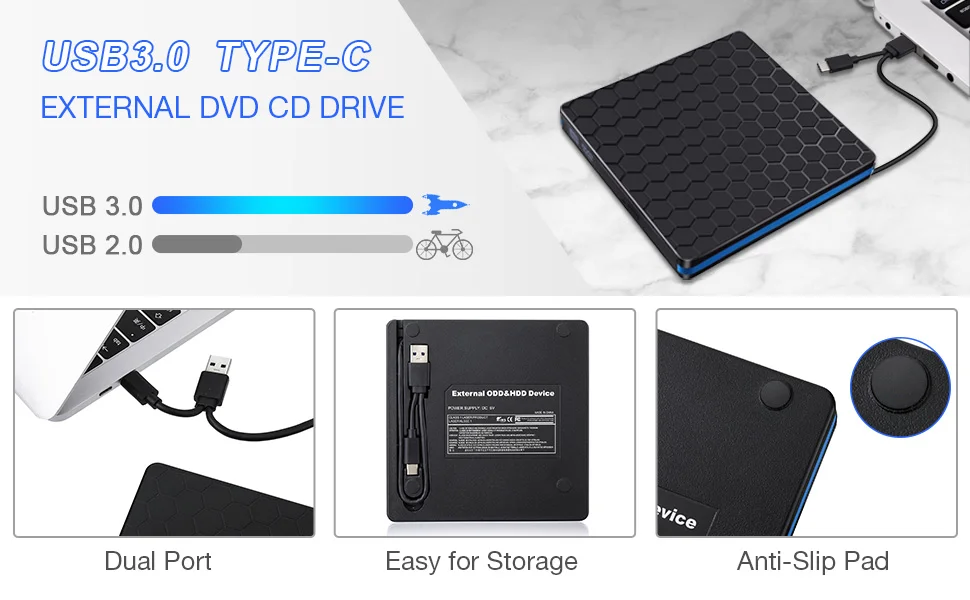 

New External DVD Drive USB 3.0 Type C CD Drive Dual Port DVD-RW Player High Speed Data Transfer for Laptop Notebook Desktop PC