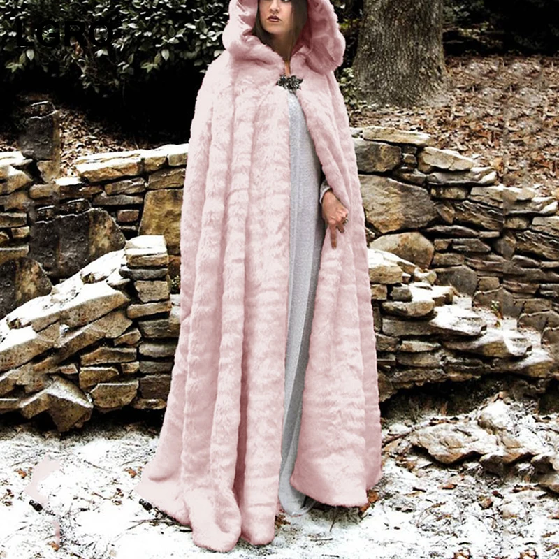 

[LGRQ] Hooded Thicken Warm Cloak Faux Fur Jacket New Lapel Long Sleeve Women's Overcoat FemaleFashion Autumn Winter 2021 19D4242