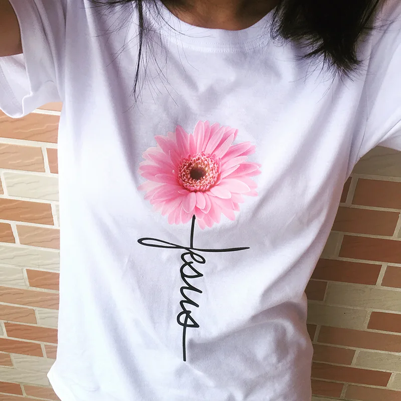 

2021 Summer Women's T-shirt Daisy Printed Jesus Cross Faith Top T Short Sleeve O Neck Casual Soft Harajuku Oversized T-shirt