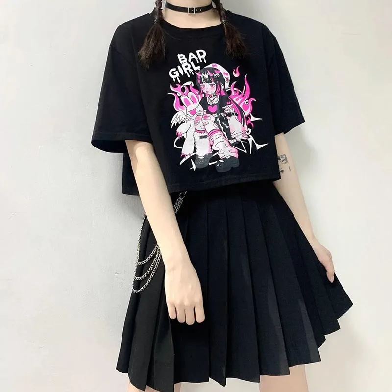 

Japanese two-dimensional cute T-shirt women short-sleeved sweet and cool black crop top y2k oversized t shirt Female clothing