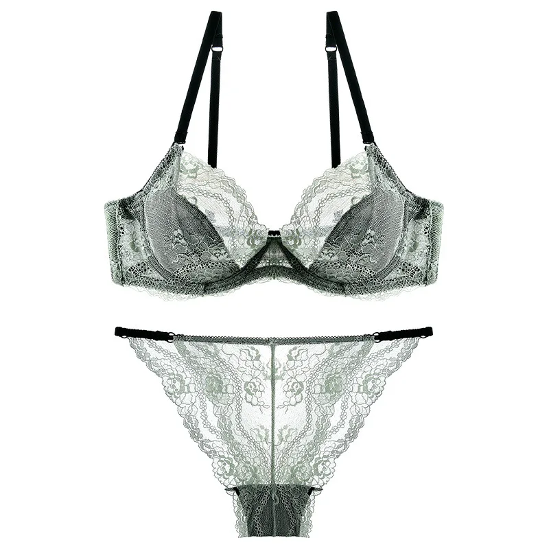 

European and American French transparent sexy ultra-thin bra set thin section with steel ring lace underwear women