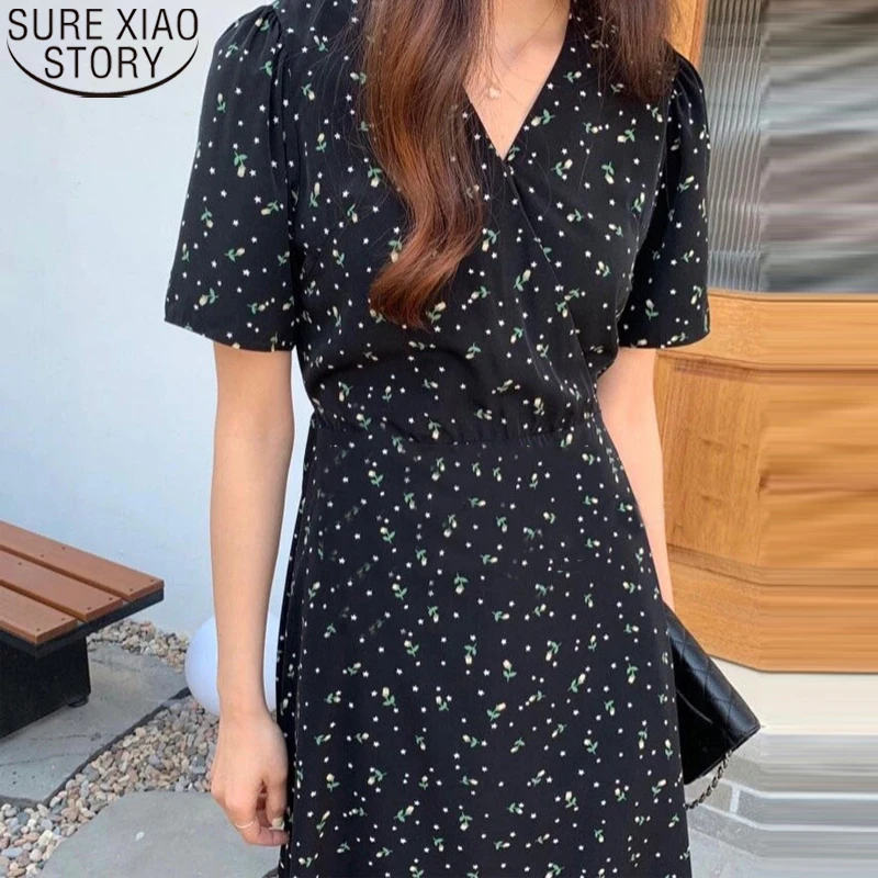 

Женское винтажное платье с коротким рукавом, ТРАПЕЦИЕВИДНОЕ ПЛАТЬЕ-миди с V-образным вырезом и цветочным принтом, модель 2022 в Корейском стиле на лето, 15299