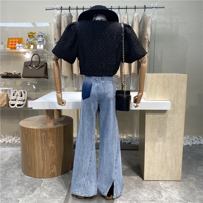 

Retro Front Slit Plus Size Jeans for Women High Waist Loose Wide Leg Baggy Denim Pants Trousers Female Vintage Bell Bottom Jeans