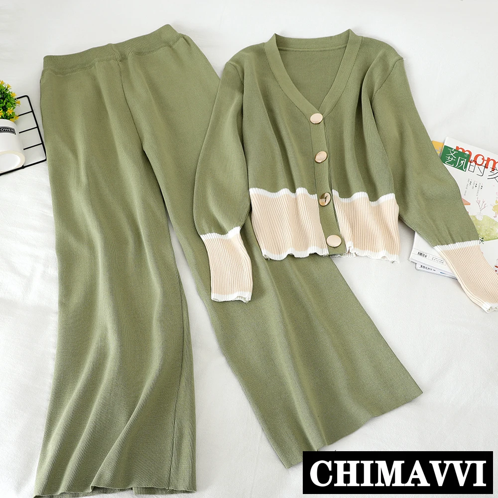 

Two-Piece Set Women New Spring Elegant 2020 Knitted Leisure Suit V-neck Cardigan Sweater + Loose Wide Leg Trousers Female