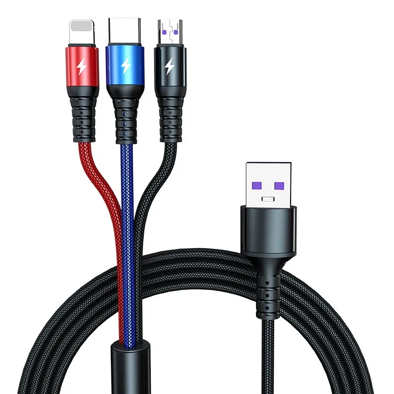 

5A Super Fast Charging Cable 3 In 1 Fast Charger Lightning Micro USB Type C Cable for iPhone Huawei Samsung Xiaomi