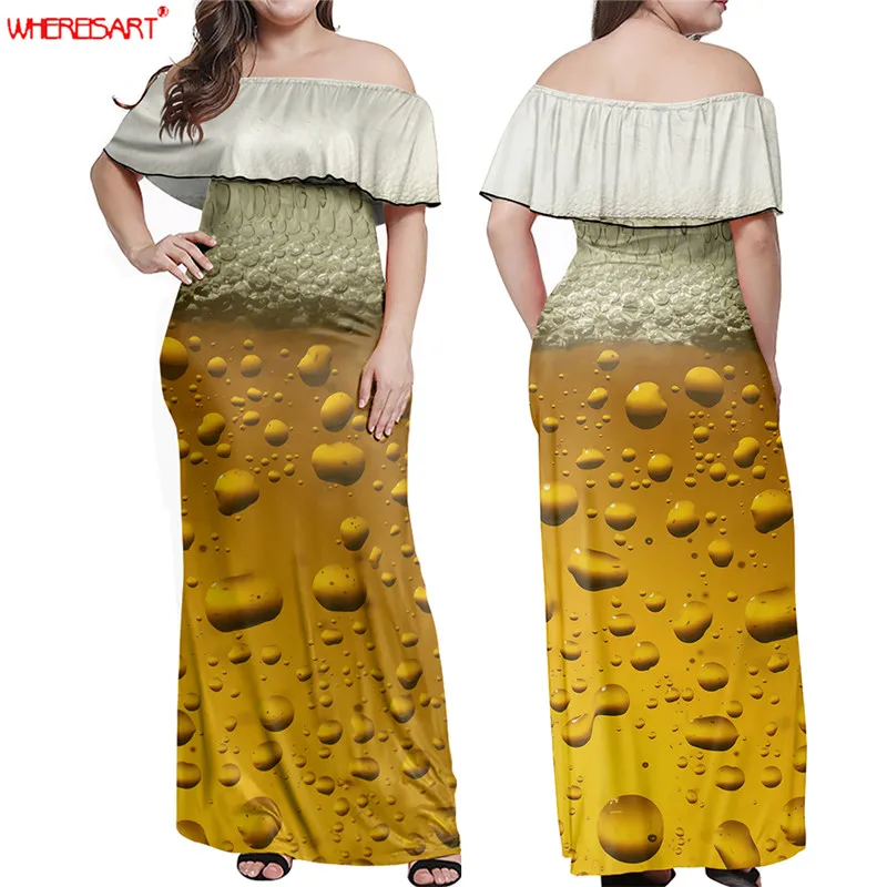 

WHEREISART Dress Beer Up Print Prom Dress for Women Soft Maxi Ladies Long Dress Femme robe Sexy Off Shoulder Sundress Loose