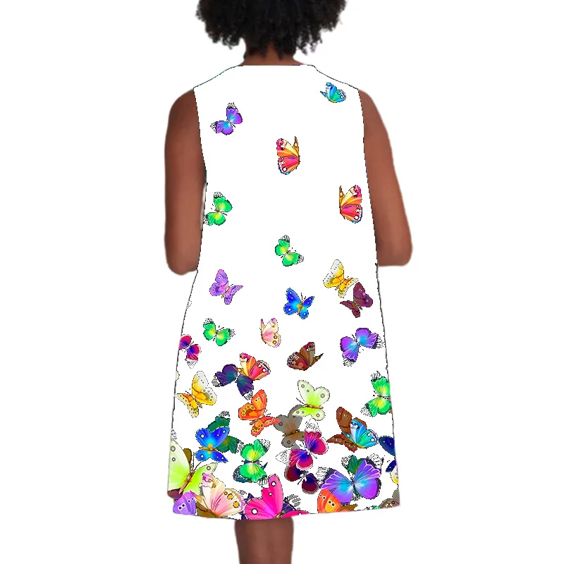 

Womens Summer Loose Dress Fashion 3D Butterfly Print Mini Dress Casual Sleeveless Round Neck Dress Women Black Sexy Vestidos