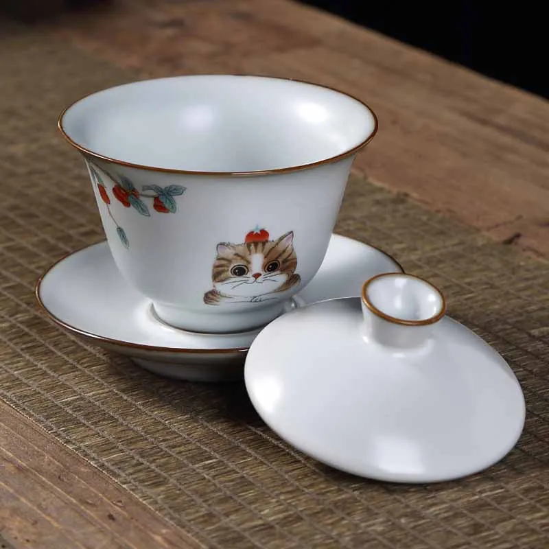 150 мл Ru печи Gaiwan Керамика чашка с крышкой блюдце комплект 5oz искусство кошка