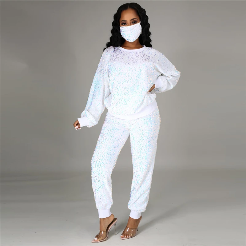 

Sparkling Sequins Tracksuit Women Two Piece Set Spring Clothes Pullover Top and Pants Suits S-5XL Plus Size Fashion Women's Sets