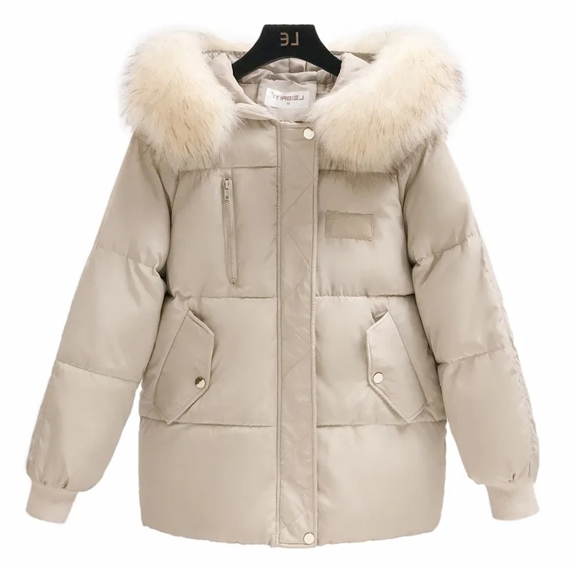 

Women Fashion Winter Outerwear Long Sleeve Cotton Hooded Jacket Loose Parka Plus Size Red Overcoat Ladies Faux Fur Collar Coat