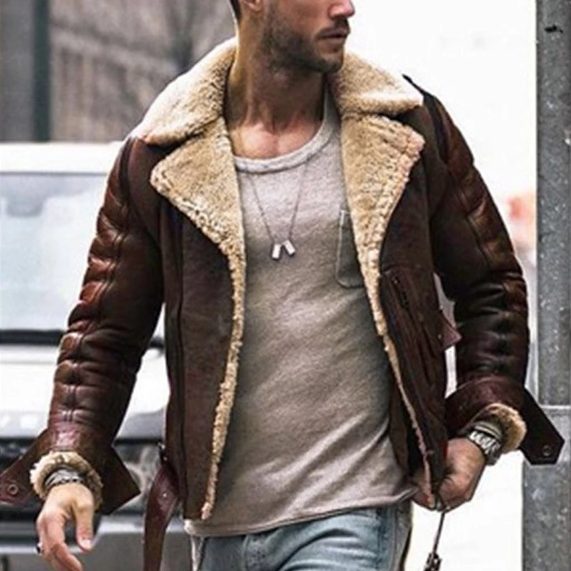 

Faux Leather Faux Fur Coat Men Winter Warm Turn-down Collar Leather Jacket Artificial Fur Overcoat Zipper Pocket Brown Outerwear