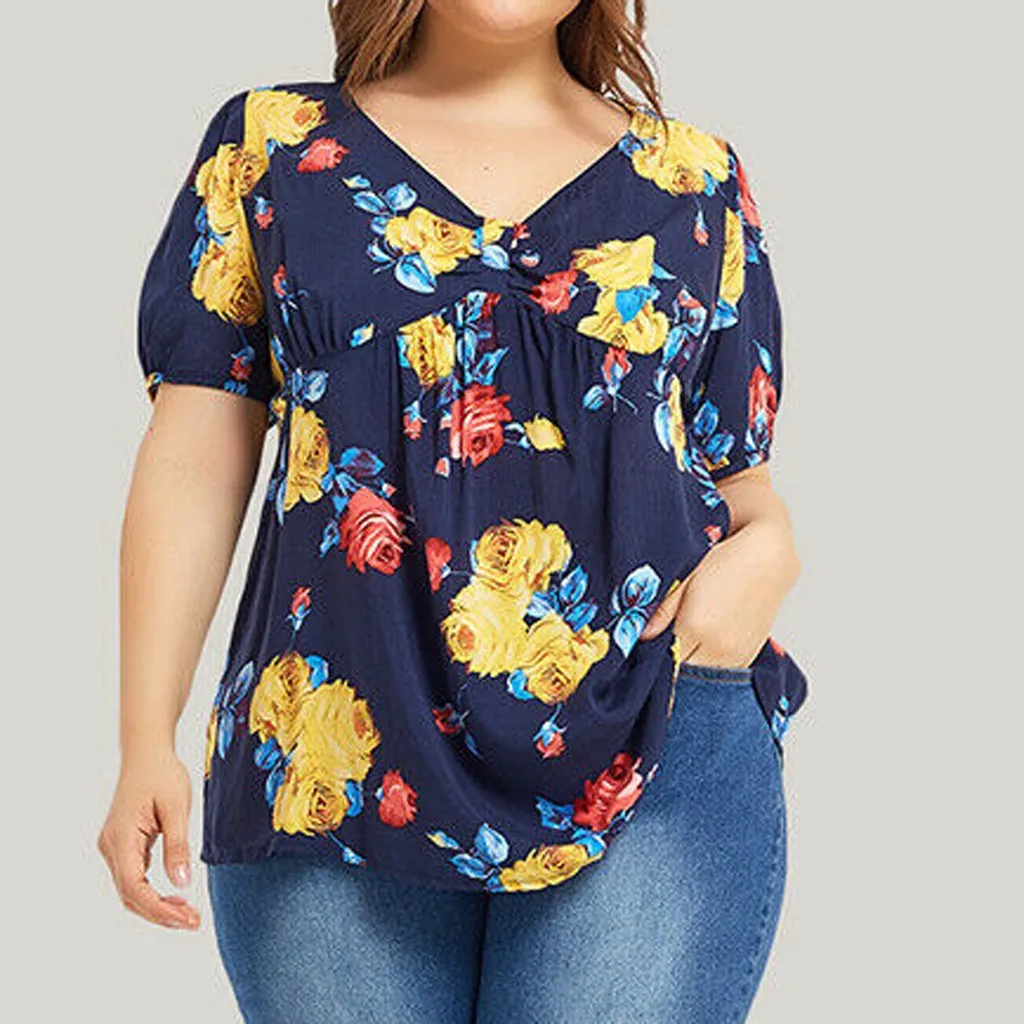 Модная женская блузка с принтом размера плюс Летние повседневные топы v-образным