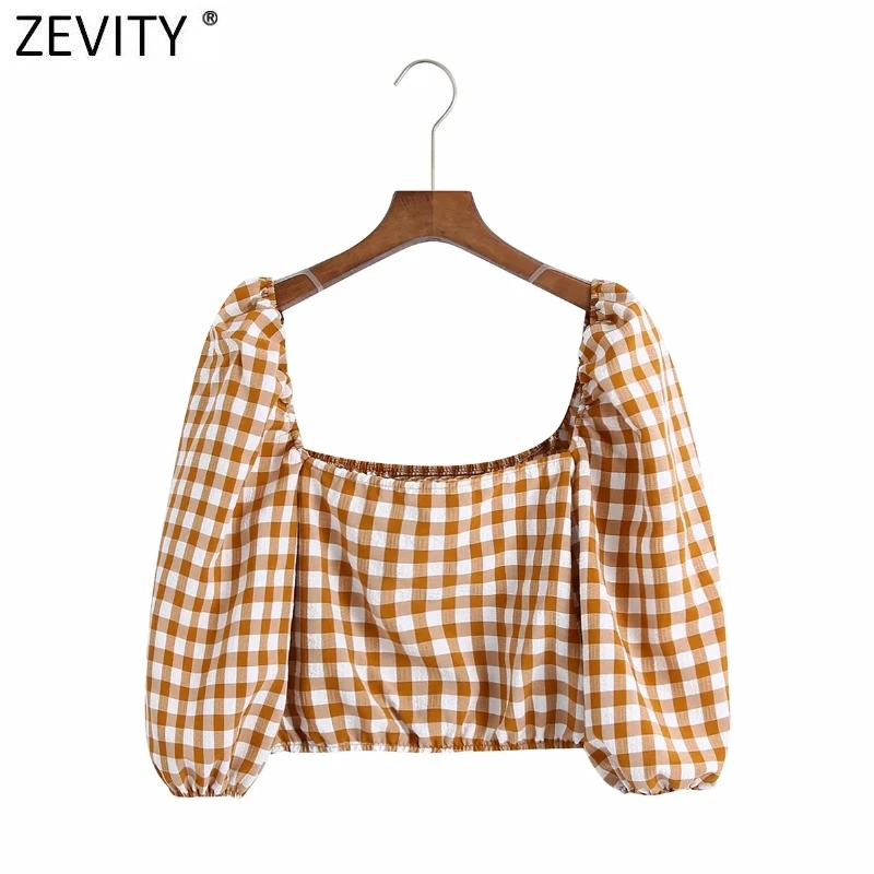 

Zevity French Women Vintage Square Collar Plaid Print Short Smock Blouse Female Puff Sleeve Slim Shirt Chic Blusas Tops LS9159