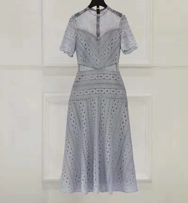 

High Quality Brand Summer Dress 2021 Fashion Party Cocktail Women Sexy Tulle Lace Patchwork Short Sleeve Midi Black Grey Dress