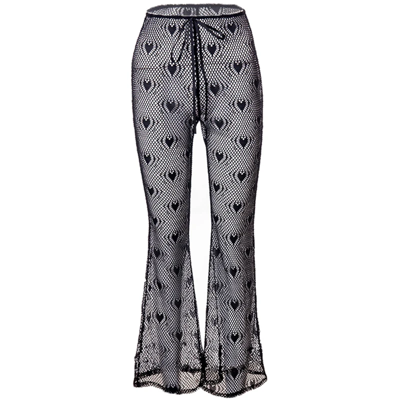 

2021 summer new solid color mesh pattern perspective flared trousers casual pants, Woman clothes, Women's pants,Women's pants