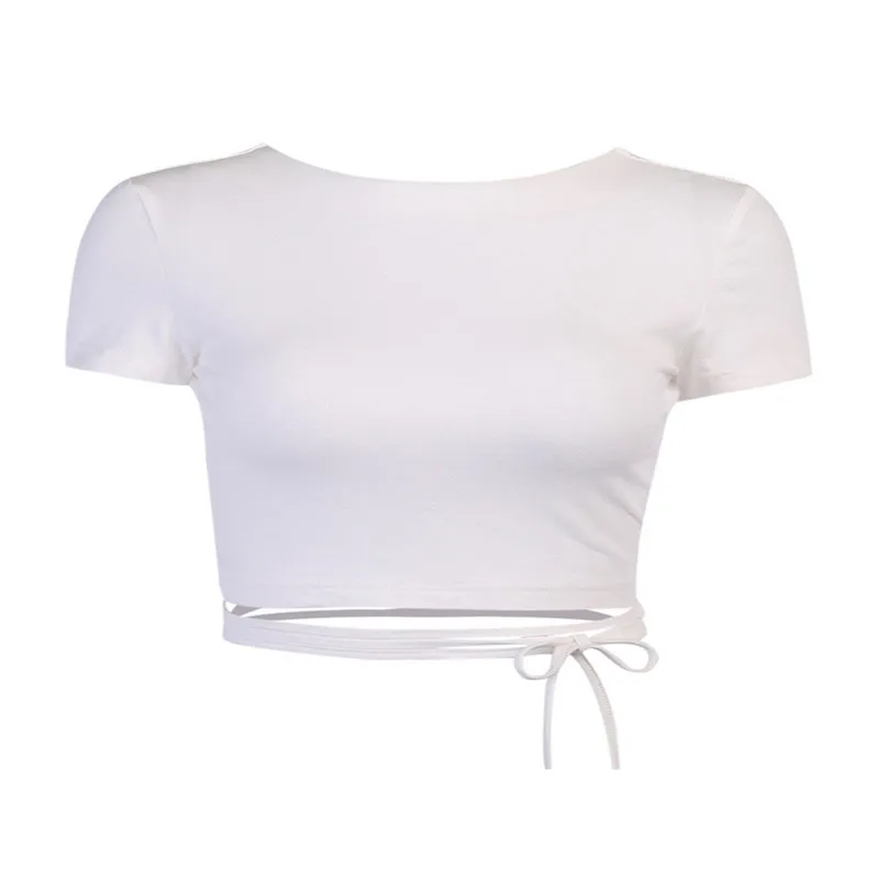 

Sexy Backless T Shirt Tops Black White Bandage T Shirts Women Clothes Summer 2021 Short Sleeve O Neck Bodycon Crop Tops