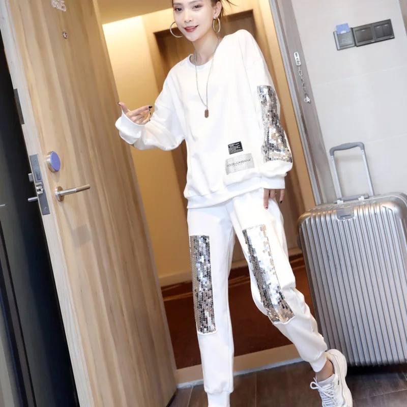 

2021 Pants Sets Tracksuit 2 Piece Set Women Loungewear Korean Fashion Autumn Female Clothes Sequins Long Sleeve Tops Loose
