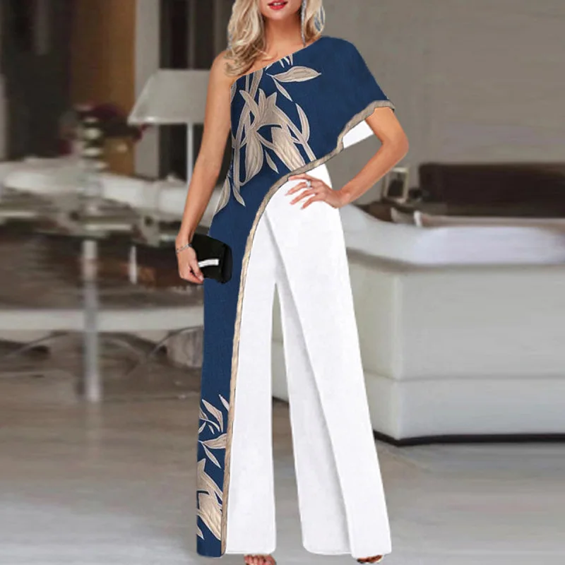 

VONDA Women Vintage Printed One Shoulder Long Jumpsuits Casual Wide Leg Pants Palazzo Loose Pantalon Femme Overalls Dungaree