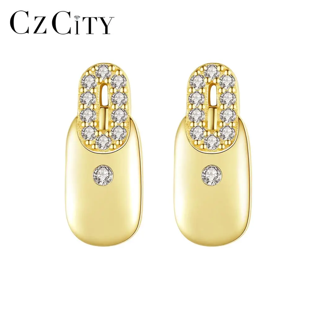 

CZCITY Double Ovals S925 Sterling Silver Stud Earrings Gold Color Bottle Shape Jewelry Shining Zircon Paved Christmas Gifts