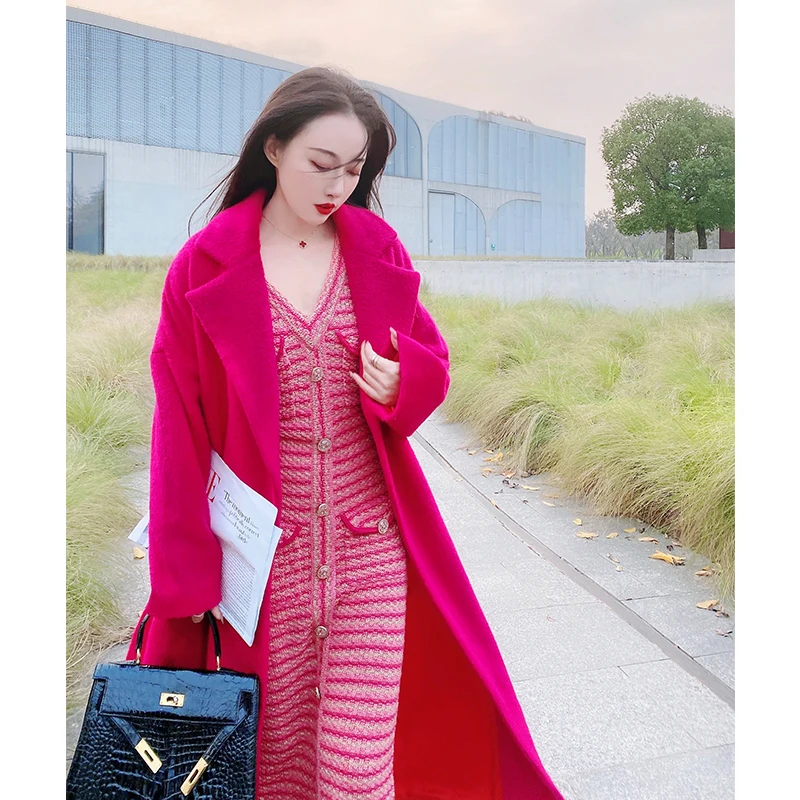 

Luxury Christmas Women Pink Sweater Dress 2021 Autumn Winter Runway Single Breasted Pockets Striped Midi Knitted Bodycon Dress