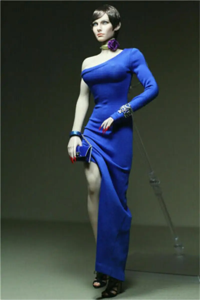 Женское платье на одно плечо синее с высоким разрезом подходит для коллекции