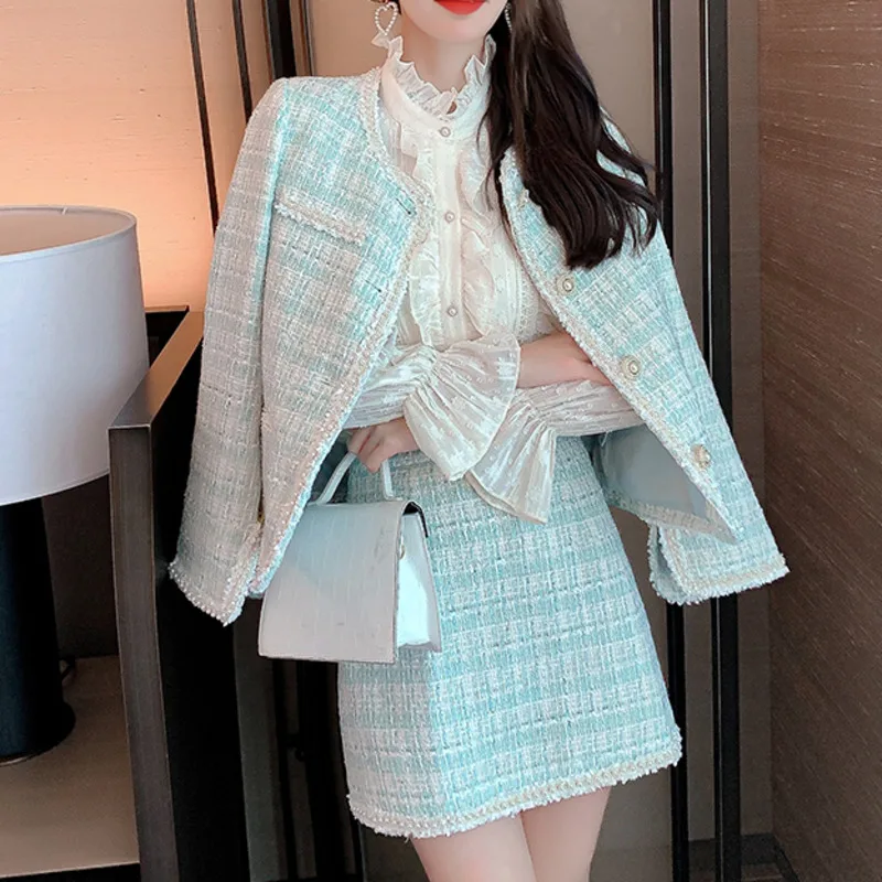 2021 Autumn New Jacket Skirt Set Women Temperament Internet Celebrity Style Mint Green Small Fragrance Two Piece Sweet Suit Coat