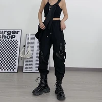 qweek techwear gothic black cargo pants women punk streetwear hip hop joggers harajuku high waist ribbon loose female trousers