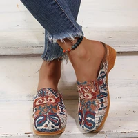 retro floral cloth lace up decor wood mules clogs comfy low heel sandals slippers women shoes comfortable casual canvas shoes