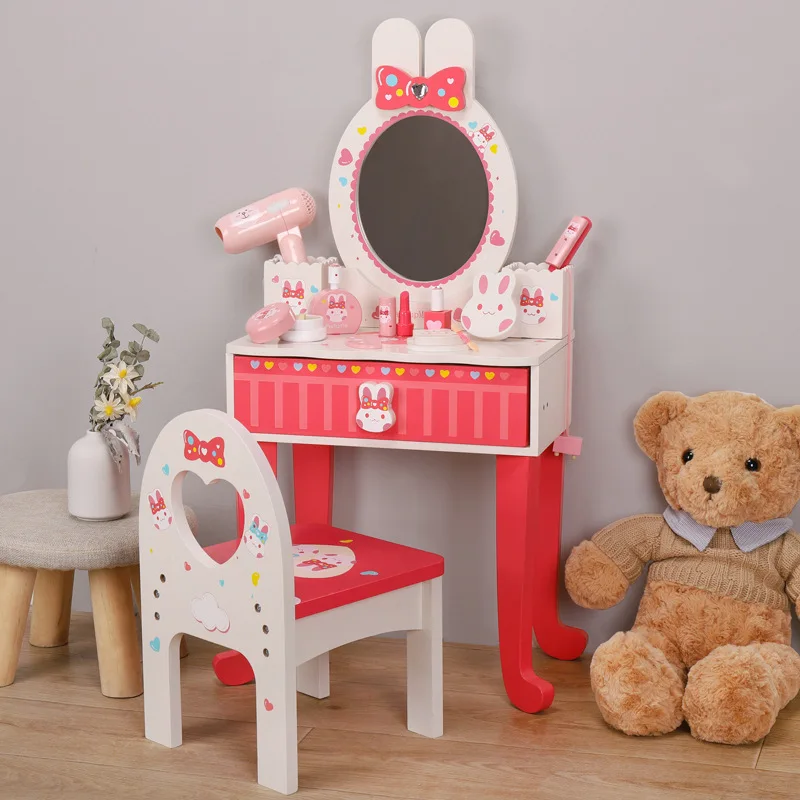 

Girl's Play House Wooden Simulation Dressing Table Play Makeup For Girls Beauty Fashion Accessories Toys Pretend Play Toy Gifts