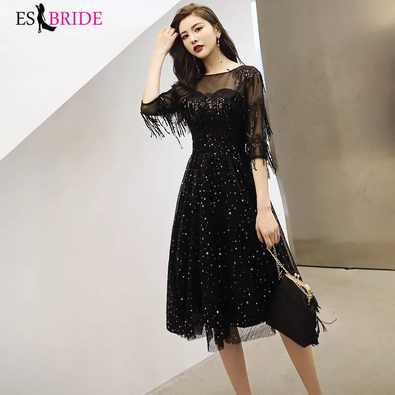 Женское вечернее платье средней длины черное ТРАПЕЦИЕВИДНОЕ ПЛАТЬЕ с блестками