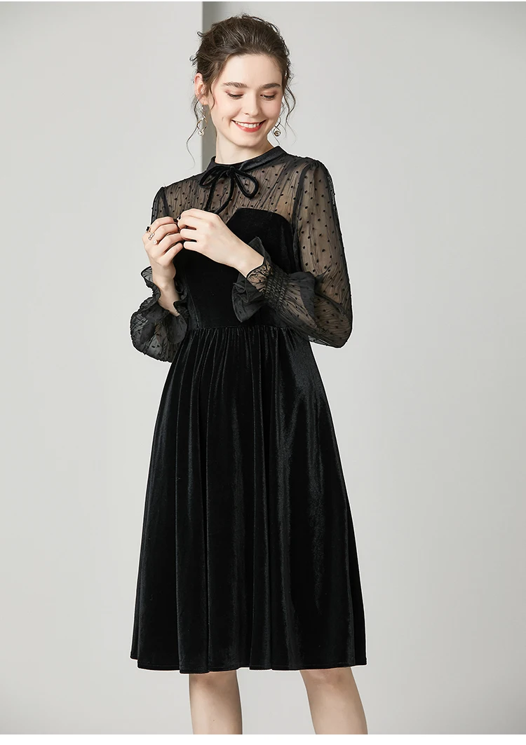 Женские весенние элегантные платья с длинным Расклешенным рукавом и круглым