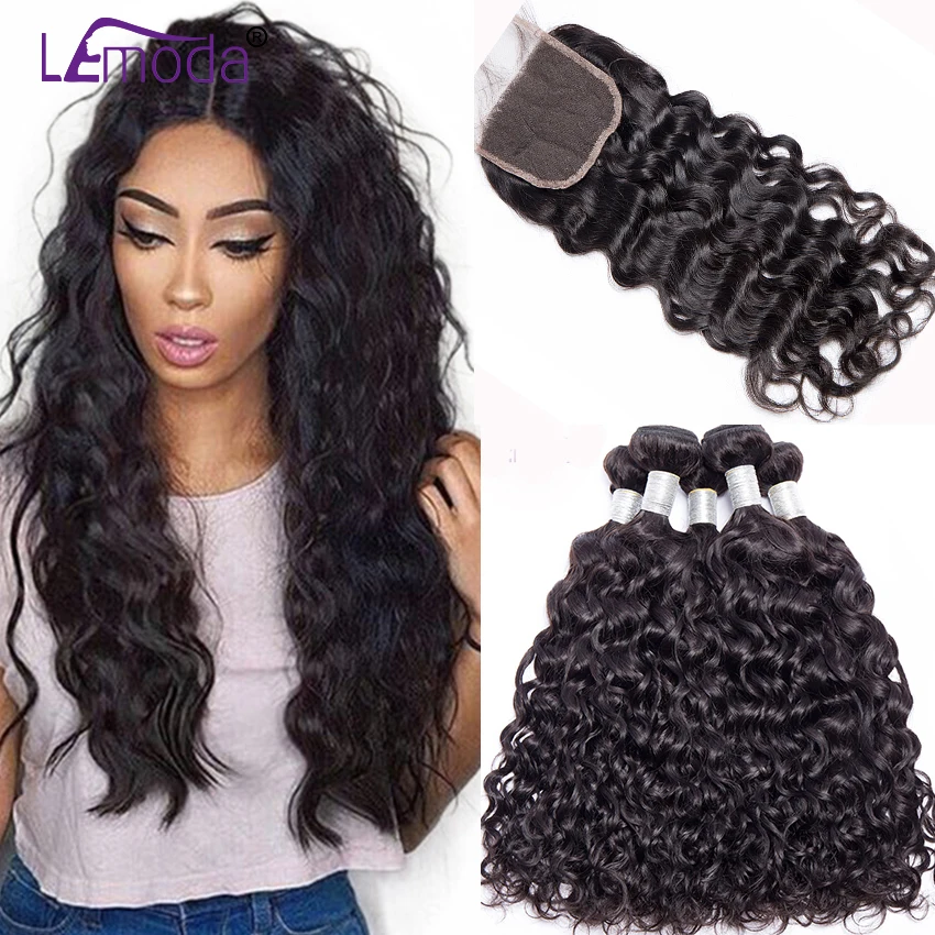 Lemoda бразильские 8 40 дюймовые волнистые пряди с закрытием Remy кружевные