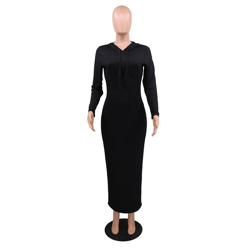 

2021 Spring and Autumn Women's Casual Dress Solid Color Long-sleeved Hooded Pit Dress Female A-line Dress