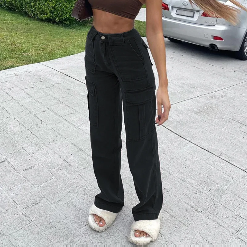 

Jeans Women 2021 New Women's Pants Retro Brown Pocket High Waist Jeans Straight Leg Pants Women's Casual Pants