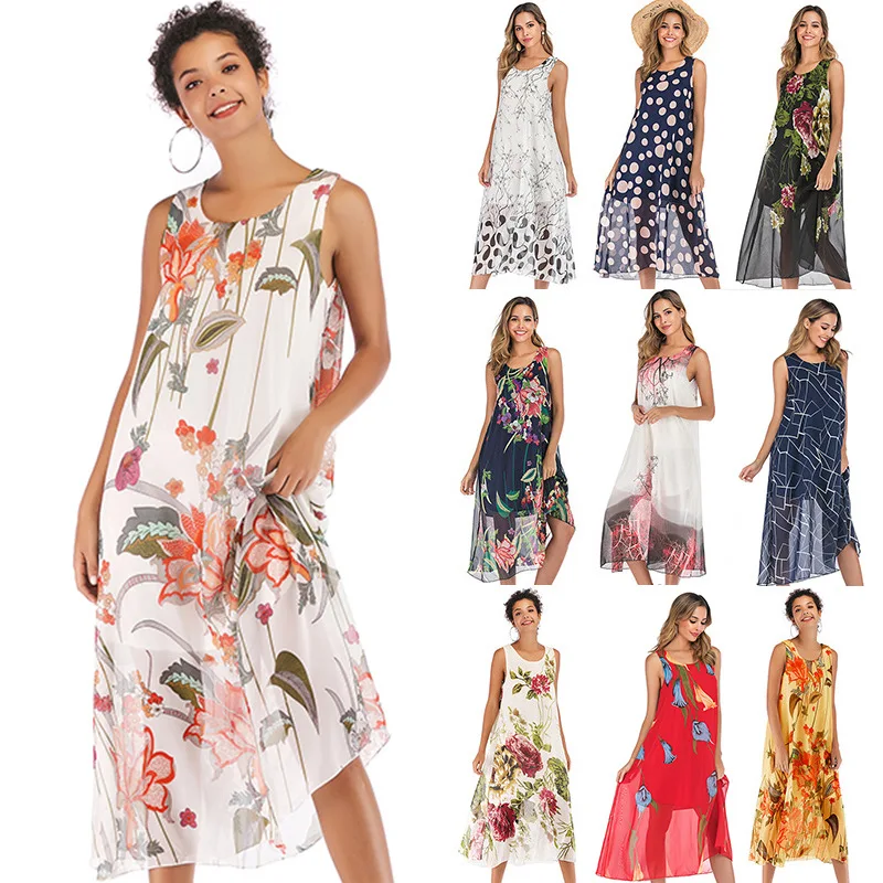 

2021 Summer Women Casual Fashion Sleeveless Dresses Loose Chiffon Floral O-Neck Suspender Dress