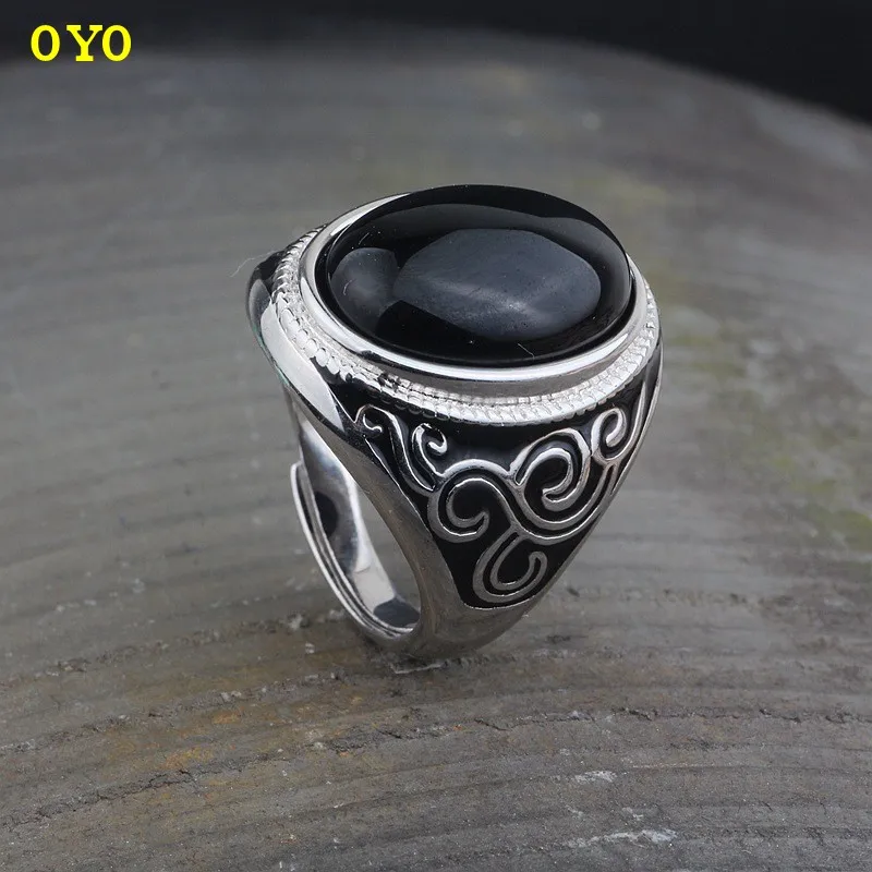 100% S925 Silver Handwear Korean Version Fashion Exaggerates Black agate Drop Rubber Open Ring for Men and Women