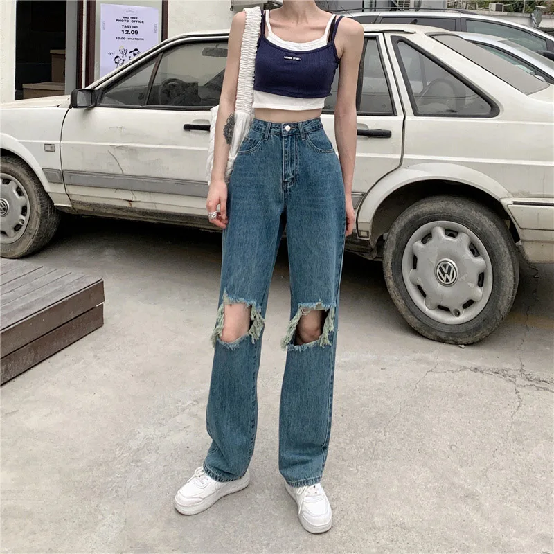 

Casual Ripped Hole Jeans Pants High Waist Women Wide Leg Korean Streetwear Denim Pants 2021 Fashion Harajuku Jogger Summer