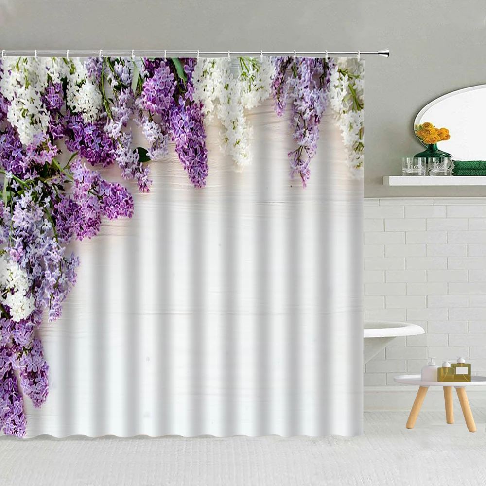 

Занавеска для душа с фиолетовыми цветами и зелеными листьями, гиацинт, Глициния, аксессуары для декора ванной комнаты, водонепроницаемые тк...