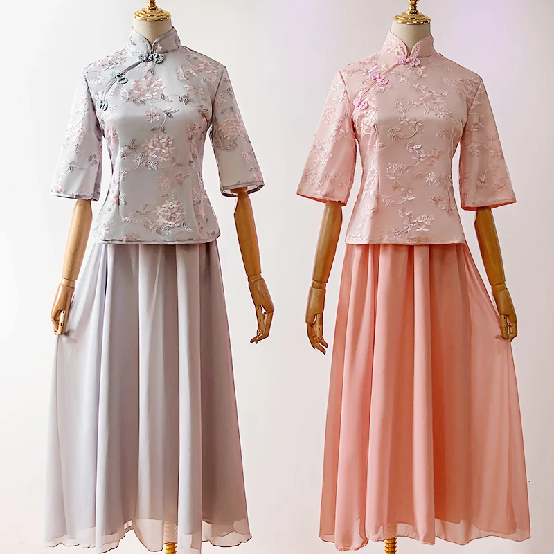 2 Pcs Tea-length Pink Bridesmaid Dresses Guest Wedding Party Dress Embroidery Elegant Qipao Cheongsam Women Prom | Свадьбы и