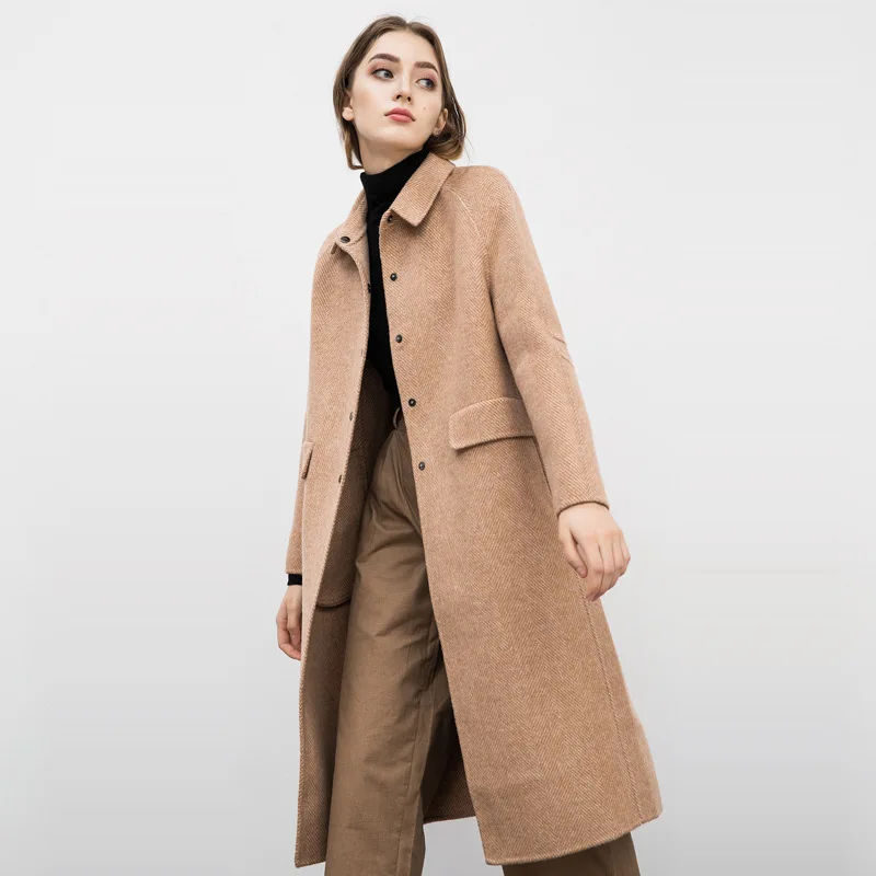 Женское зимнее пальто кофейная двухсторонняя шерстяная кашемировая верхняя