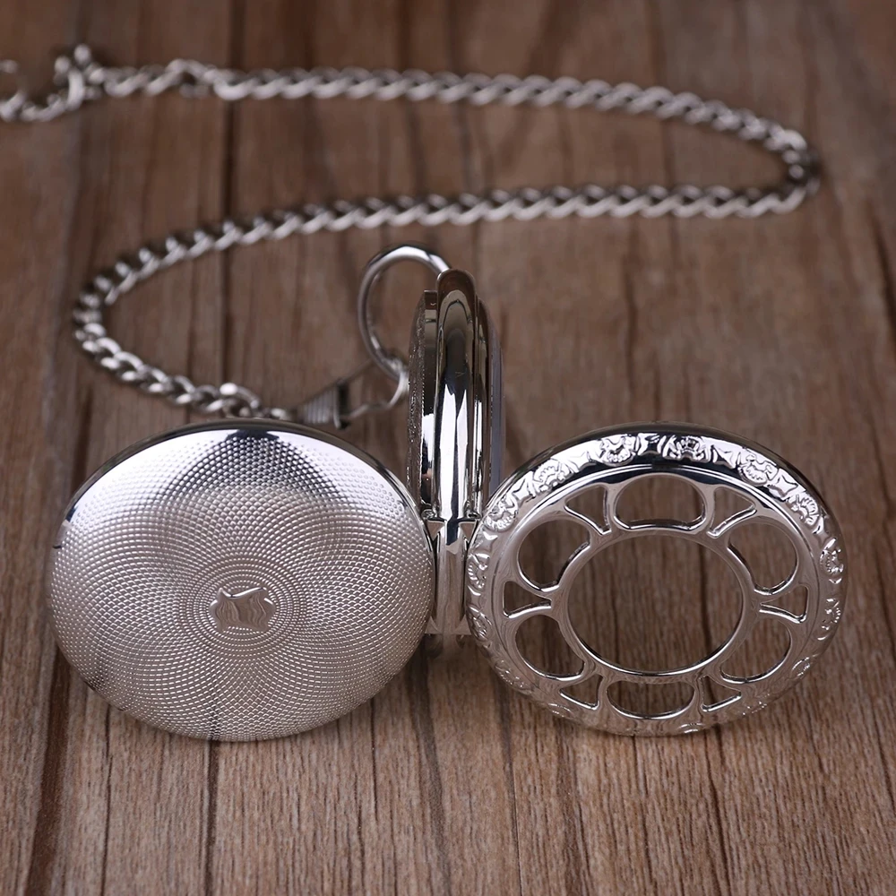 lot Silver Pendant Mechanical Pocket Watch Double Open With Metal Chain Steampunk Watch Roman Number Unisex