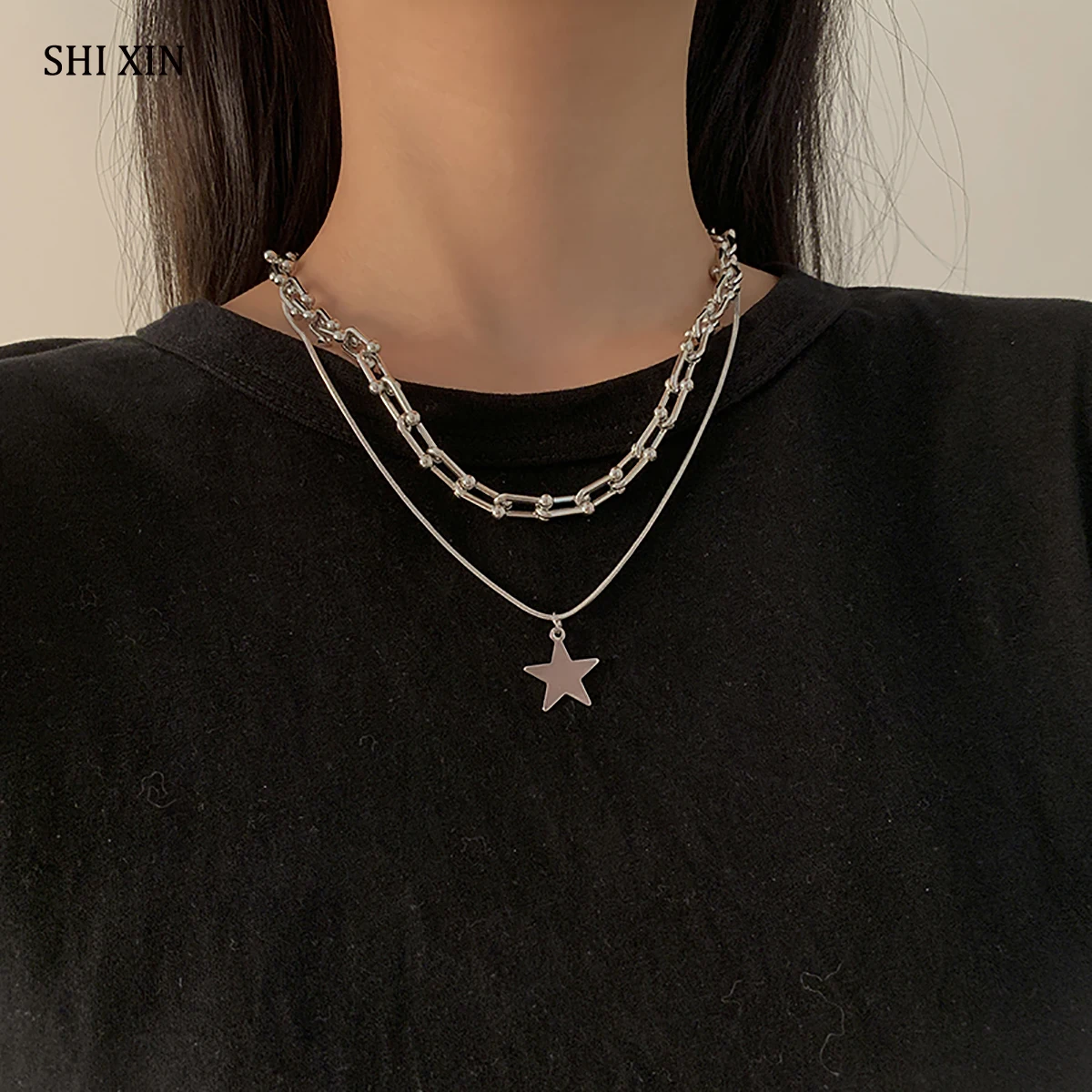 

SHIXIN Punk U Shape Link Chain Choker Necklace for Women Silver Color Layered Chain With Stars Pendant Necklace on the Neck 2021