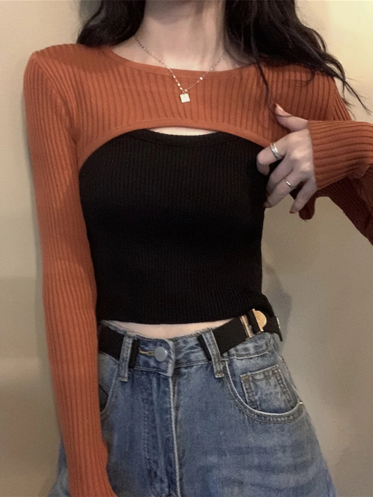 

2020 Fashion New Female Blue Knitted Sweaters Streetwear Long Sleeve Korean Knit Pullover Thin Short Sweater Tops